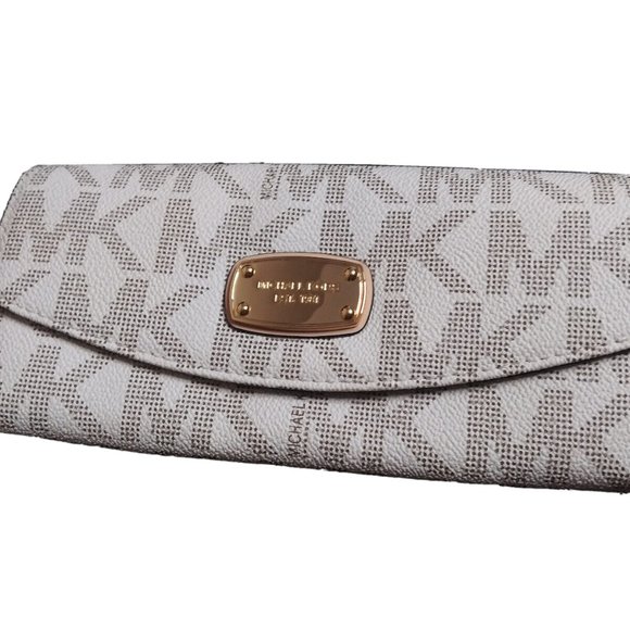 Michael Kors Jet Set Slim Flap Wallet Vanilla Monogram Leather Clutch Purse - Picture 2 of 11